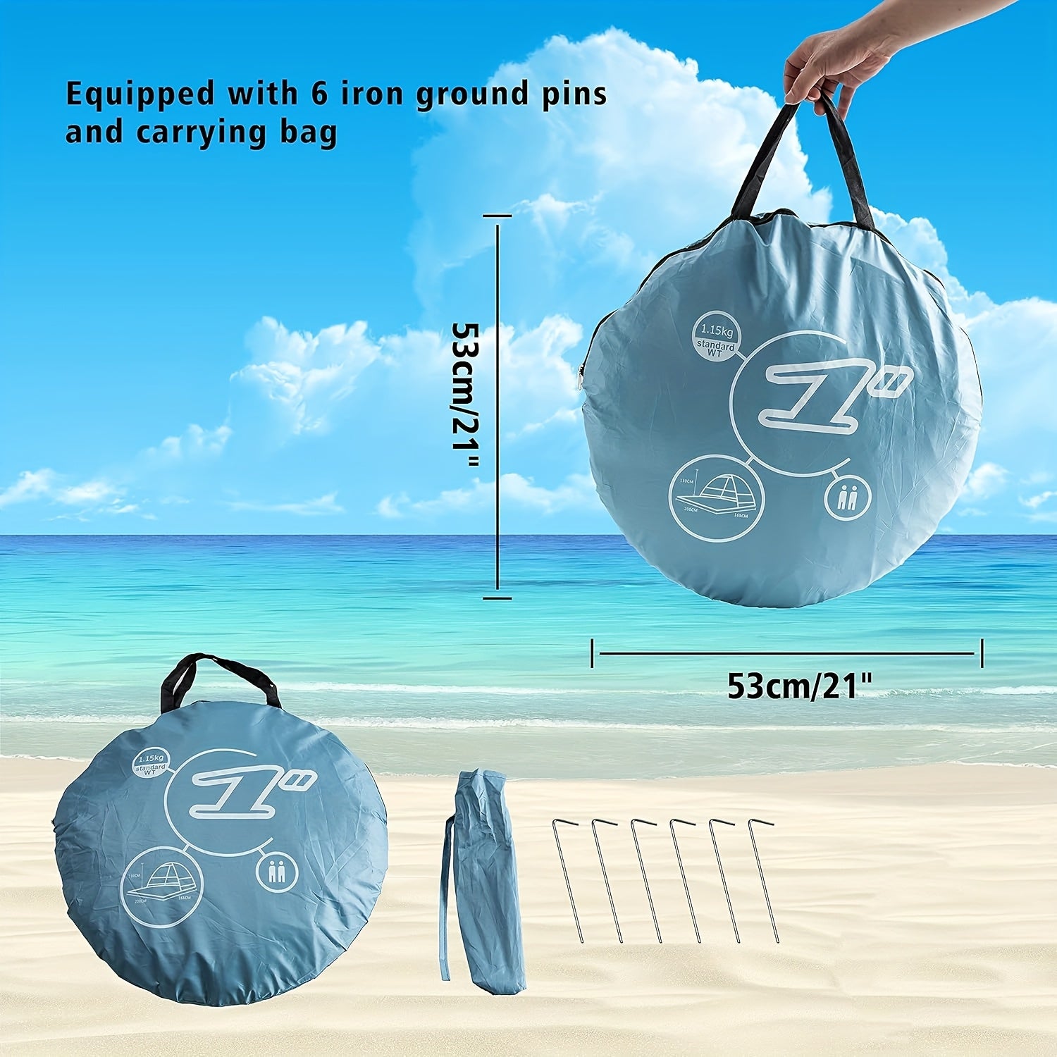 Pop-Up Beach Tent Sun Shade Shelter for 2-3 Person - Anti-UV Portable Camping Canopy with Carry Bag, Fast Setup, Fiberglass Frame, Beige, Blue and Green