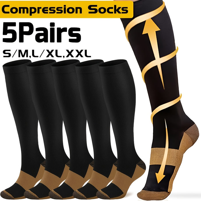 Compression Sport Socks 5 Pairs Unisex Nylon Elastic Enhanced Endurance for Running Cycling Hiking Training All-Day Athletics M-XXL