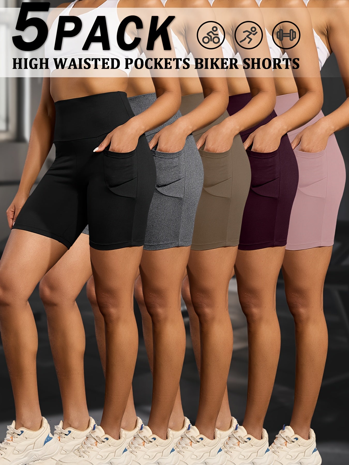 Women's Biker Shorts with Pockets 5 Pack - High Waist Tummy Control No See-Through Workout Shorts, 6" Inseam, Super Soft Stretchy Athletic Shorts for Running Yoga Gym Training, XS-XXL