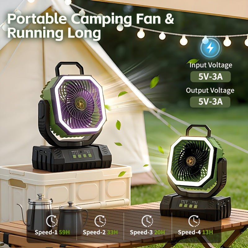 Rechargeable Camping Fan 20000mAh 4-Speed with Remote Control LED Light Power Bank – Oscillating Tent Fan with Timer & Hanging Hook for Camping Beach Outdoor – Orange Green Pink