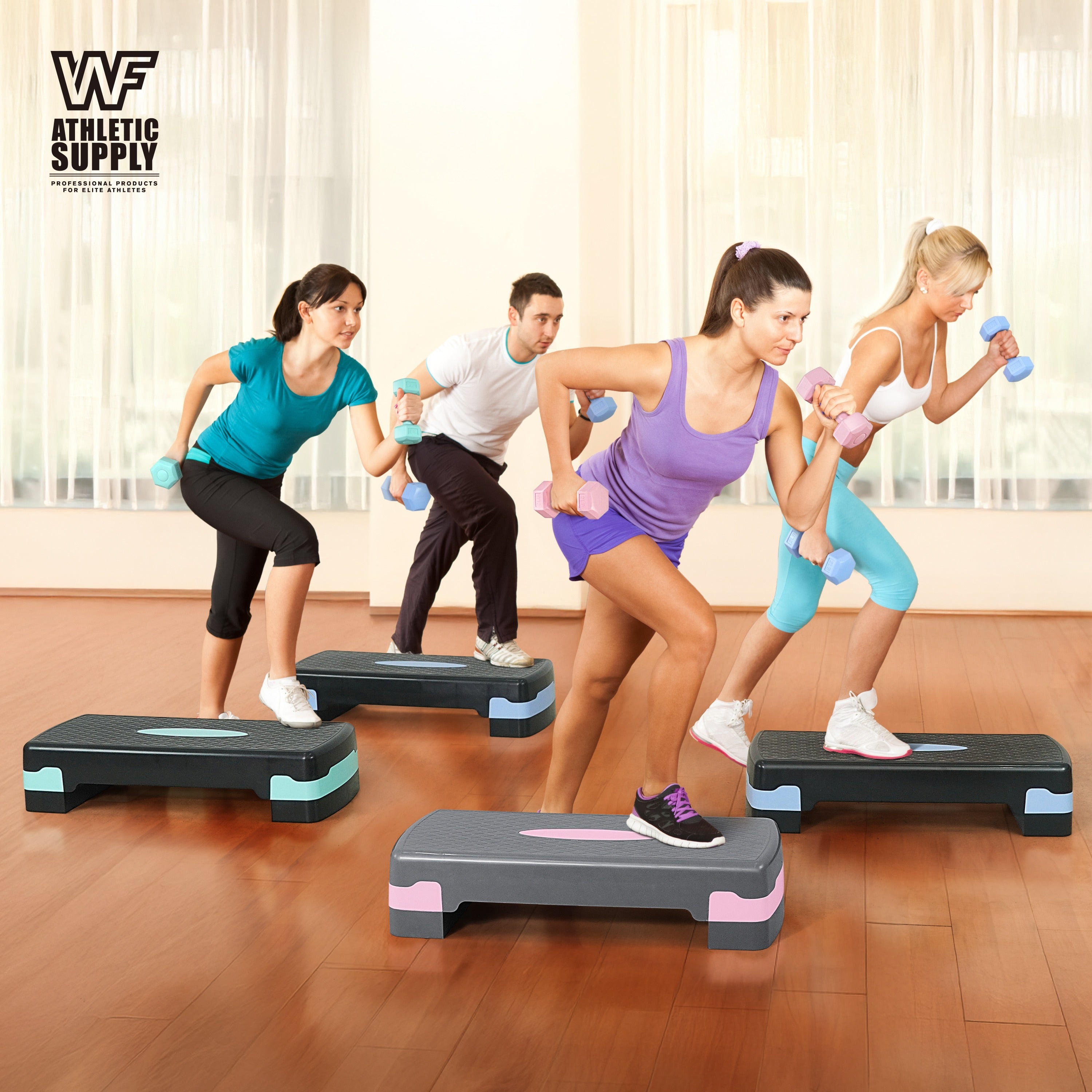 Aerobic Step Platform with Dumbbells Measuring Tape Adjustable Height 2 Level Risers Non-Slip Exercise Stepper Home Gym Workout 550LB Capacity Pink Green Blue