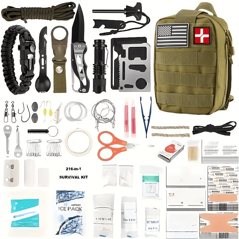 217-Piece Survival Kit with First Aid Kit & Survival Tools MOLLE Storage Bag - Outdoor Camping Hiking Emergency Gear for Men - Brown Black Khaki Green Red Orange Camouflage