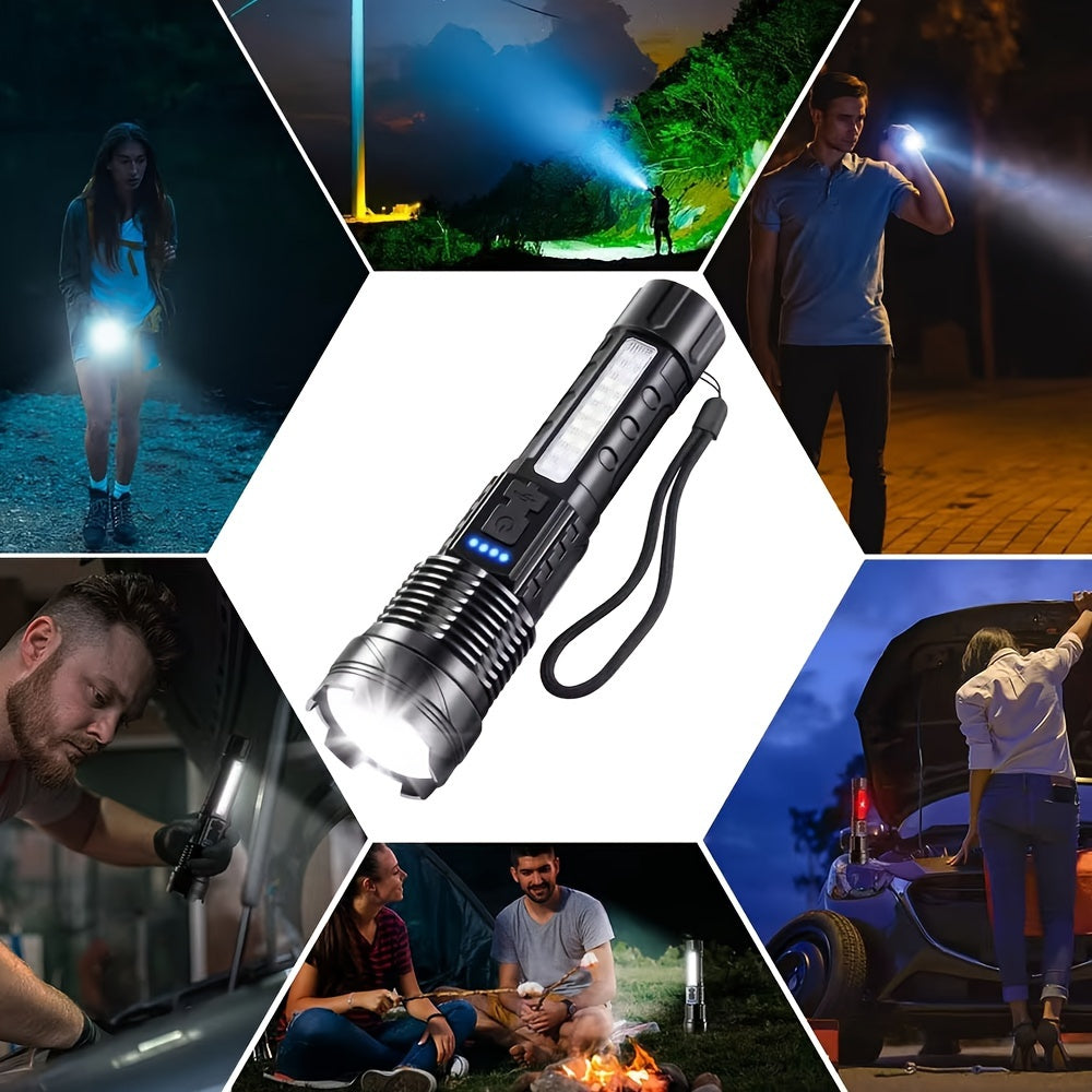LED COB Rechargeable Flashlight Ultra Bright Zoomable Floodlight USB Rechargeable 1500mAh Battery Multi-Mode Torch for Camping Fishing Hunting Emergency Outdoor Use