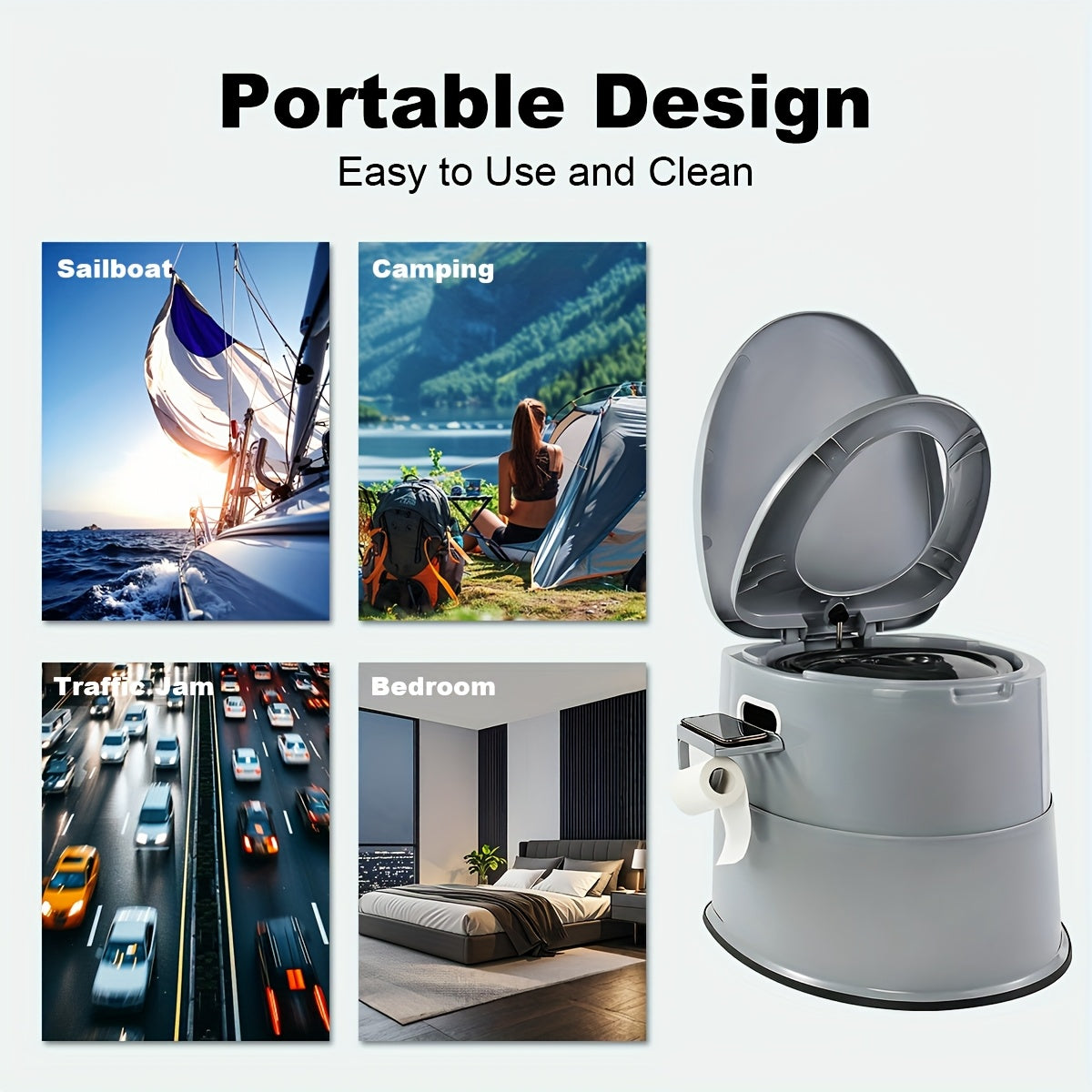 Portable Toilet for Adults & Seniors – Extra Large Camping Commode with Detachable Inner Bucket & Removable Paper Holder, Lightweight Compact for Camping, RV, Boat, Van & Emergency Use