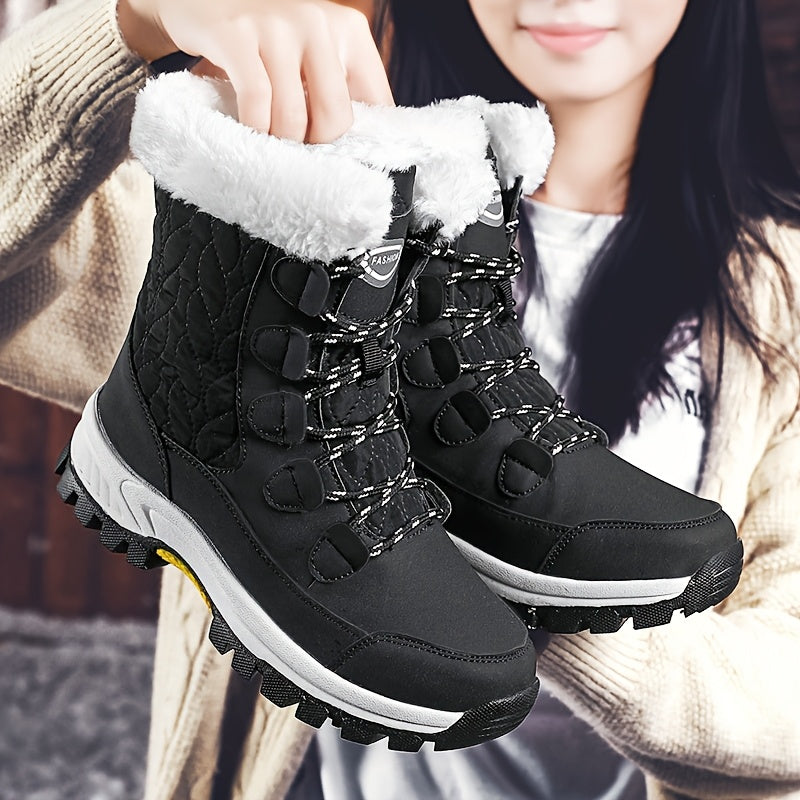 Women's High Top Snow Boots – Non-Slip Warm Fleece-Lined Winter Boots, Rubber Sole, Lace-Up, Outdoor Travel, US 5.5-10, Black White Hot Pink