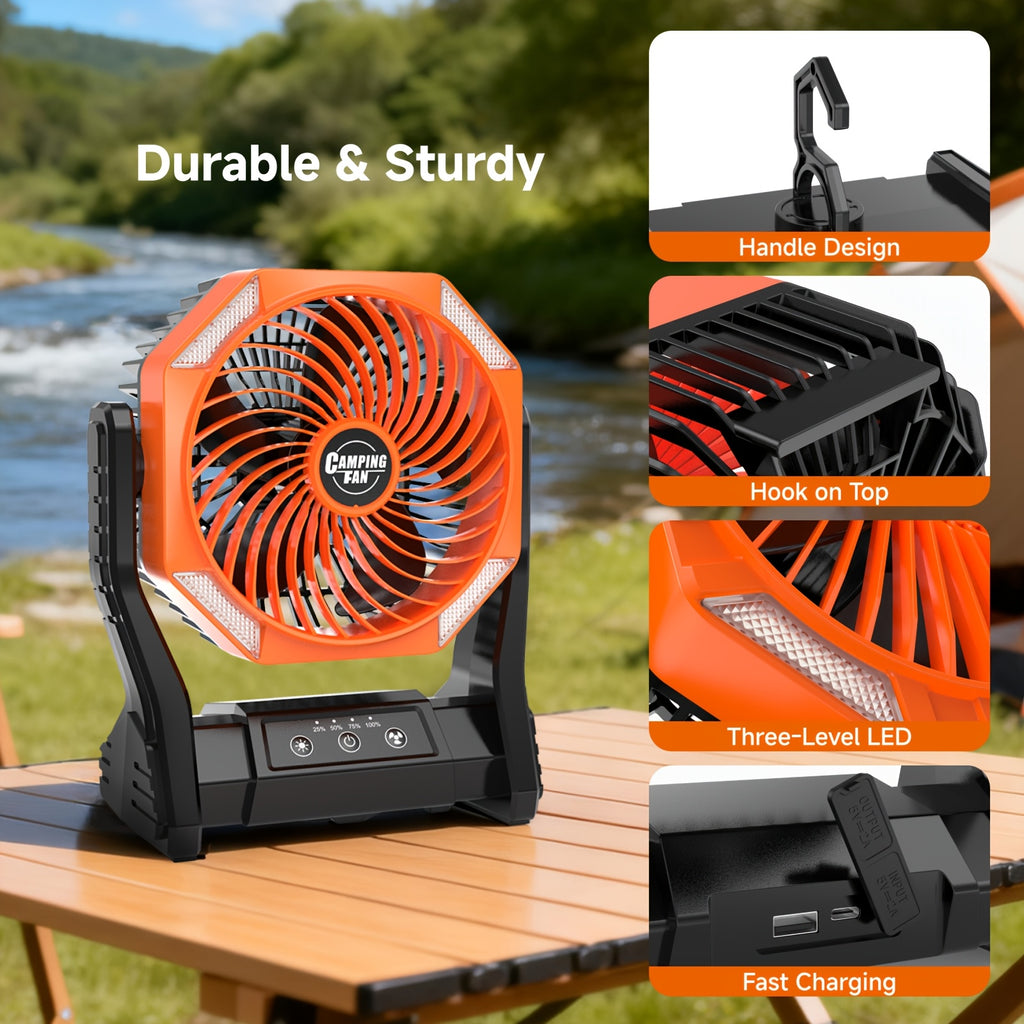 20000mAh Camping Fan with LED Light & Brushless Motor – Portable Outdoor Fan for Camping Hiking Picnic Emergency Use, 4 Speeds, 180° Oscillation, 22-26H Battery Life