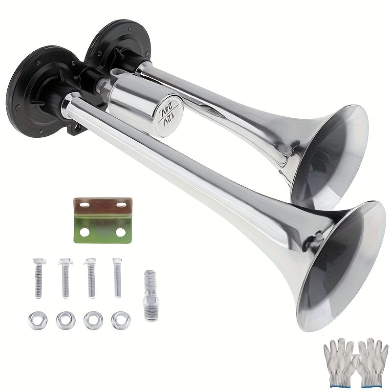 Air Horn Kit 12V 24V Ultra Loud 105-137dB Dual Trumpet Horn with Air Compressor for Truck SUV Motorcycle Boat Train Car Pickup Aluminum Alloy Universal