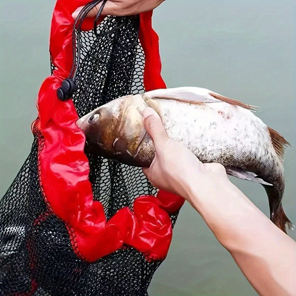 Portable Nylon Fishing Net Bag Mesh Fish Collection Cage – Lightweight Easy-Carry Handle for Fishing Snorkeling Gear Storage Black Red