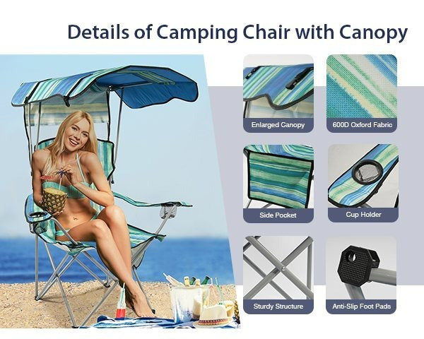 Folding Camping Chair with Canopy Sunshade Portable Beach Chair – 225 lbs Support Wide Seat Cup Holder Carrying Bag for Outdoor Lawn