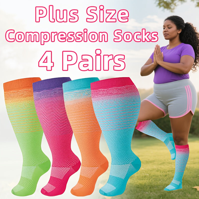 Women's Compression Socks 4 Pair Plus Size – Extra-Wide Extra-Long Graduated Compression Socks for Pregnant Women Nurses Running Cycling Yoga Hiking Travel 80% Polyamide 20% Elastane Flower Pattern 2XL 3XL 4XL