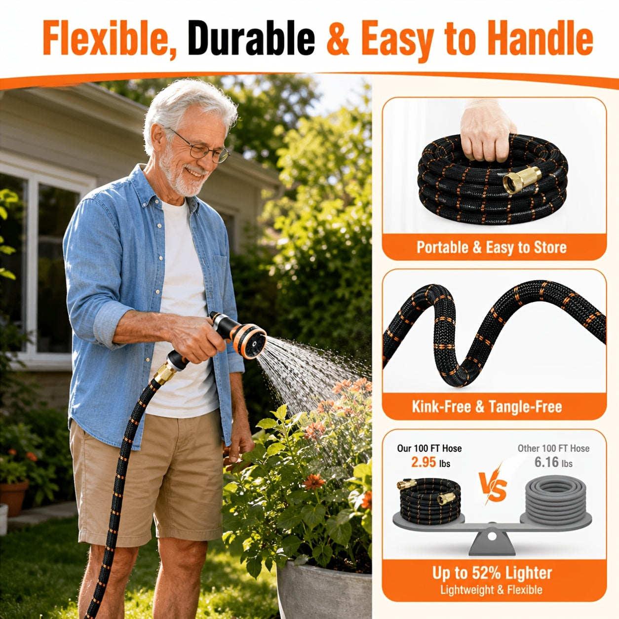 Expandable Garden Hose Kit 10-150FT Kink-Free Flexible Water Hose with 10-Pattern Spray Nozzle, Leak-Proof Super Fabric, Storage Strap – Lightweight Yard & Lawn Watering Set