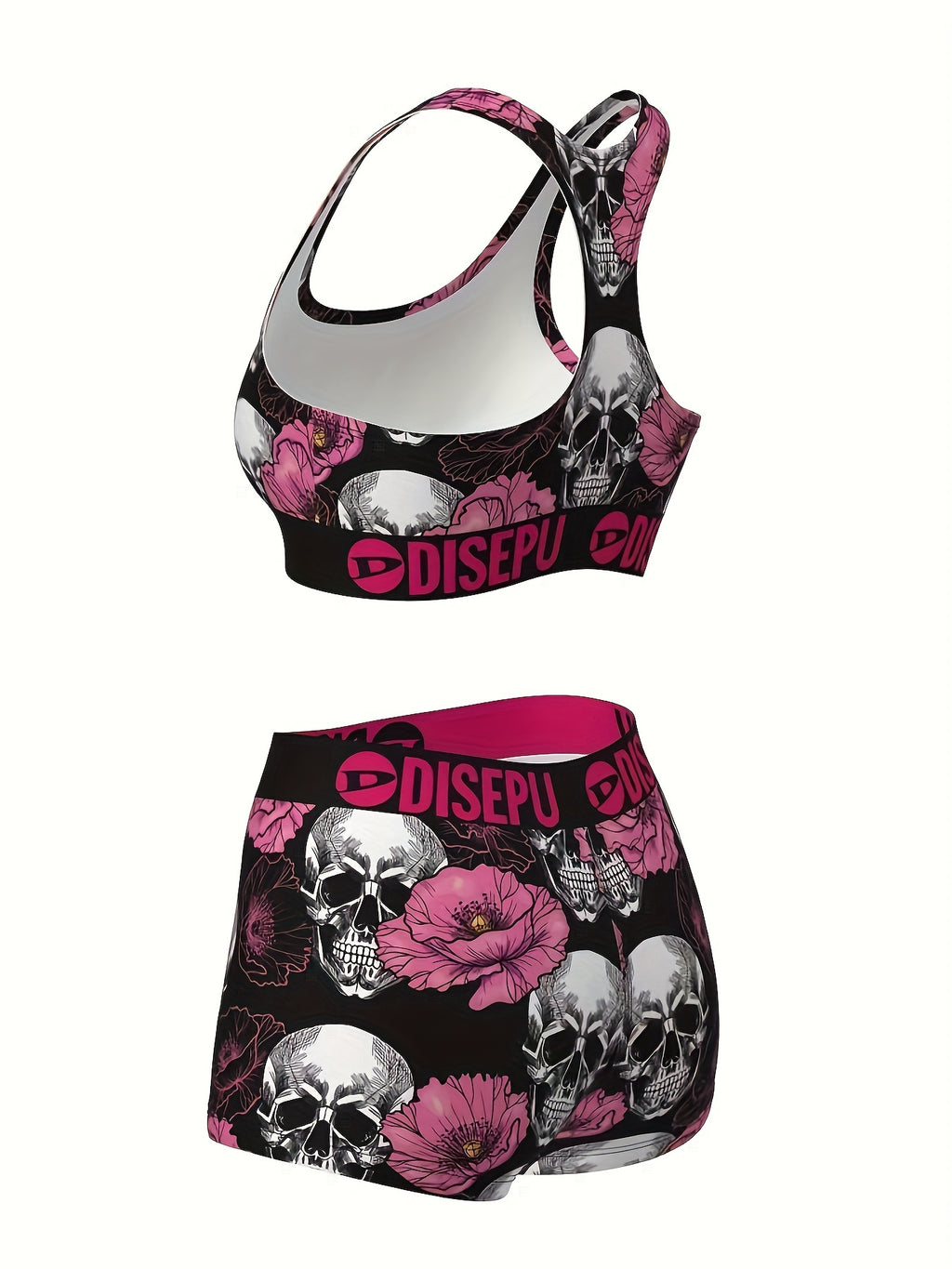 Women's Skull & Pink Flower Print Sports Bra and Shorts Set – 2-Piece Gothic Floral Activewear for Gym Yoga Running Halloween Workout High Stretch Breathable S M L XL XXL