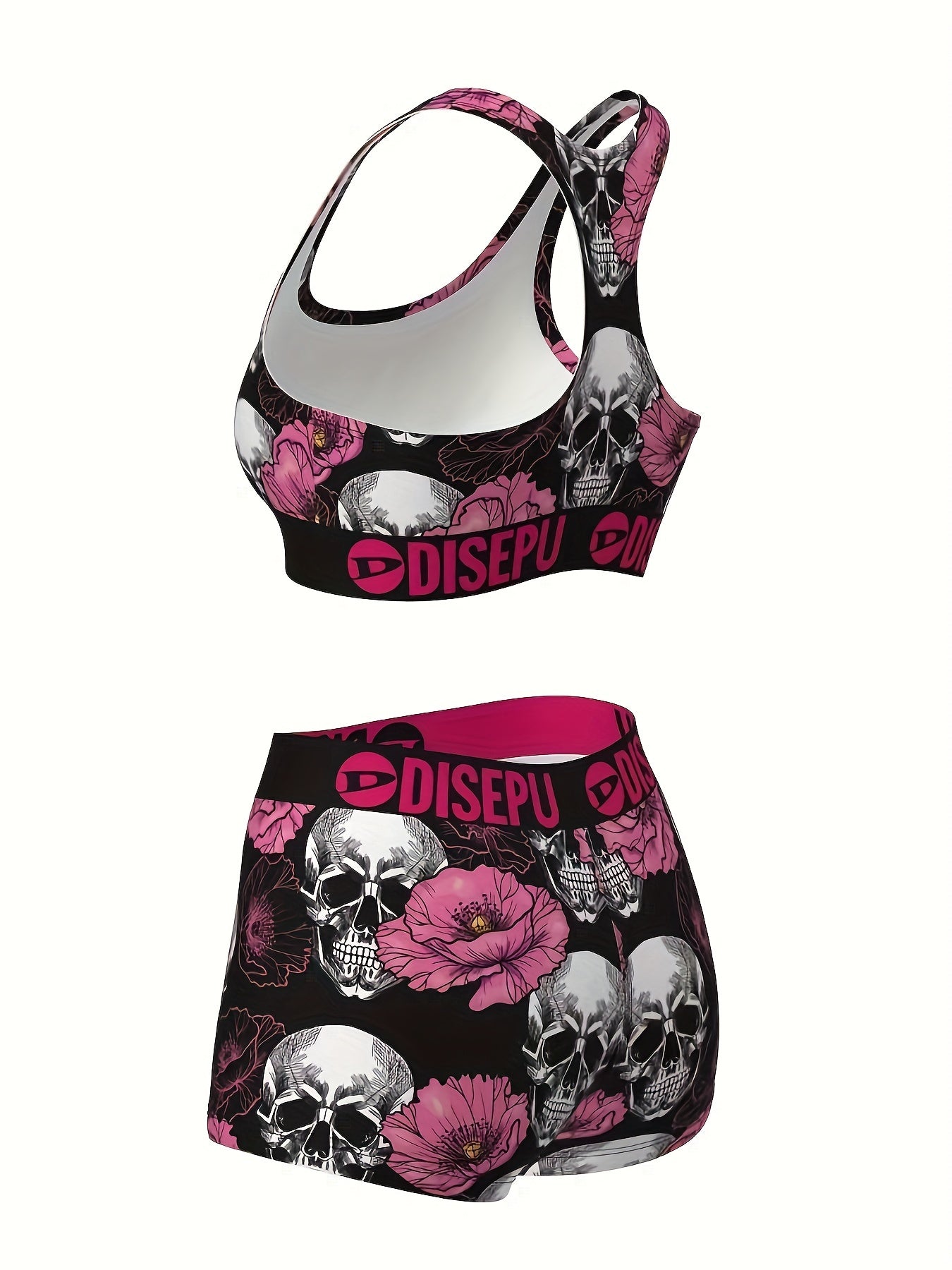 Women's Skull & Pink Flower Print Sports Bra and Shorts Set – 2-Piece Gothic Floral Activewear for Gym Yoga Running Halloween Workout High Stretch Breathable S M L XL XXL