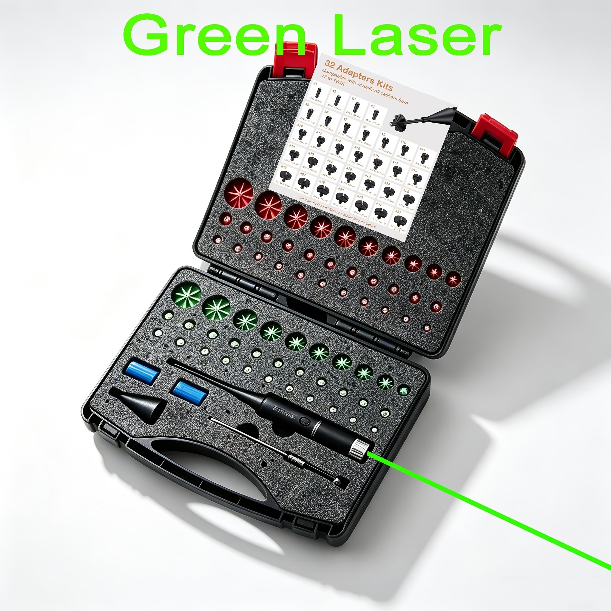 Laser Bore Sight Kit with 32 Adapters – Fits .17 to 12GA, Green & Red Laser, 15-100 Yard Range, Button ON/OFF, 8-Hour Battery