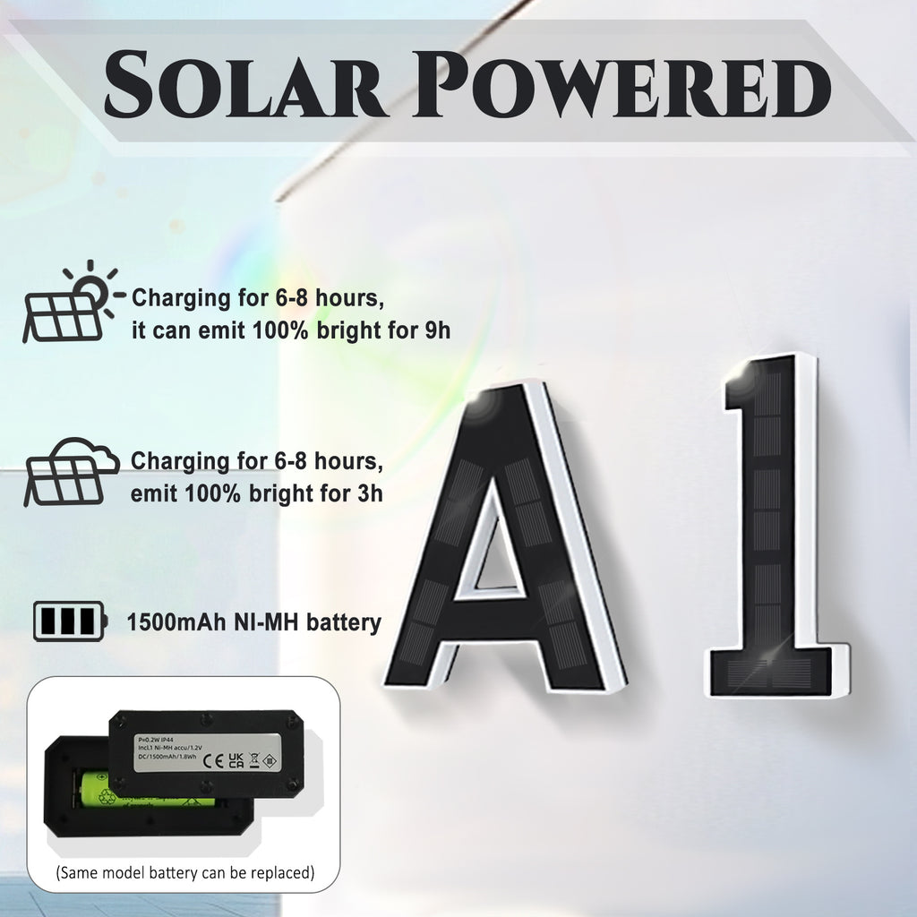 9 Inch Solar Lighted House Numbers for Outside - IP44 Waterproof, Auto Light Sensor, 9hr Illumination, Modern Exterior Address Sign, Numbers 0-9 & Letters A-D