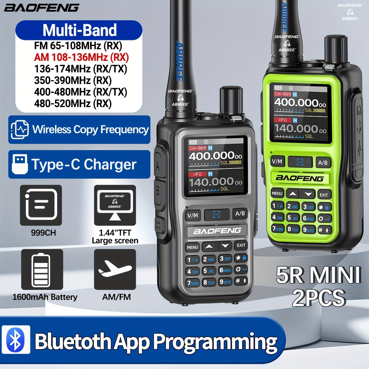 Baofeng UV-5R Mini Ham Radio 2 Pack Long Range Two Way Radio 999CH NOAA Weather Walkie Talkies USB-C Rechargeable Dual PTT APP Programming for Hunting Fishing Skiing Camping Survival