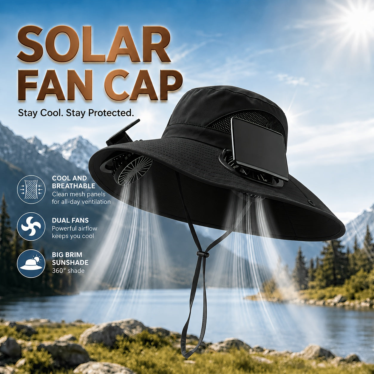 Solar Fan Hat with 2 Built-In Fans – Breathable Wide Brim Sun Hat for Men & Women | Adjustable Wind Speed & Strap for Gardening, Travel, Hiking & Summer Outdoor Activities