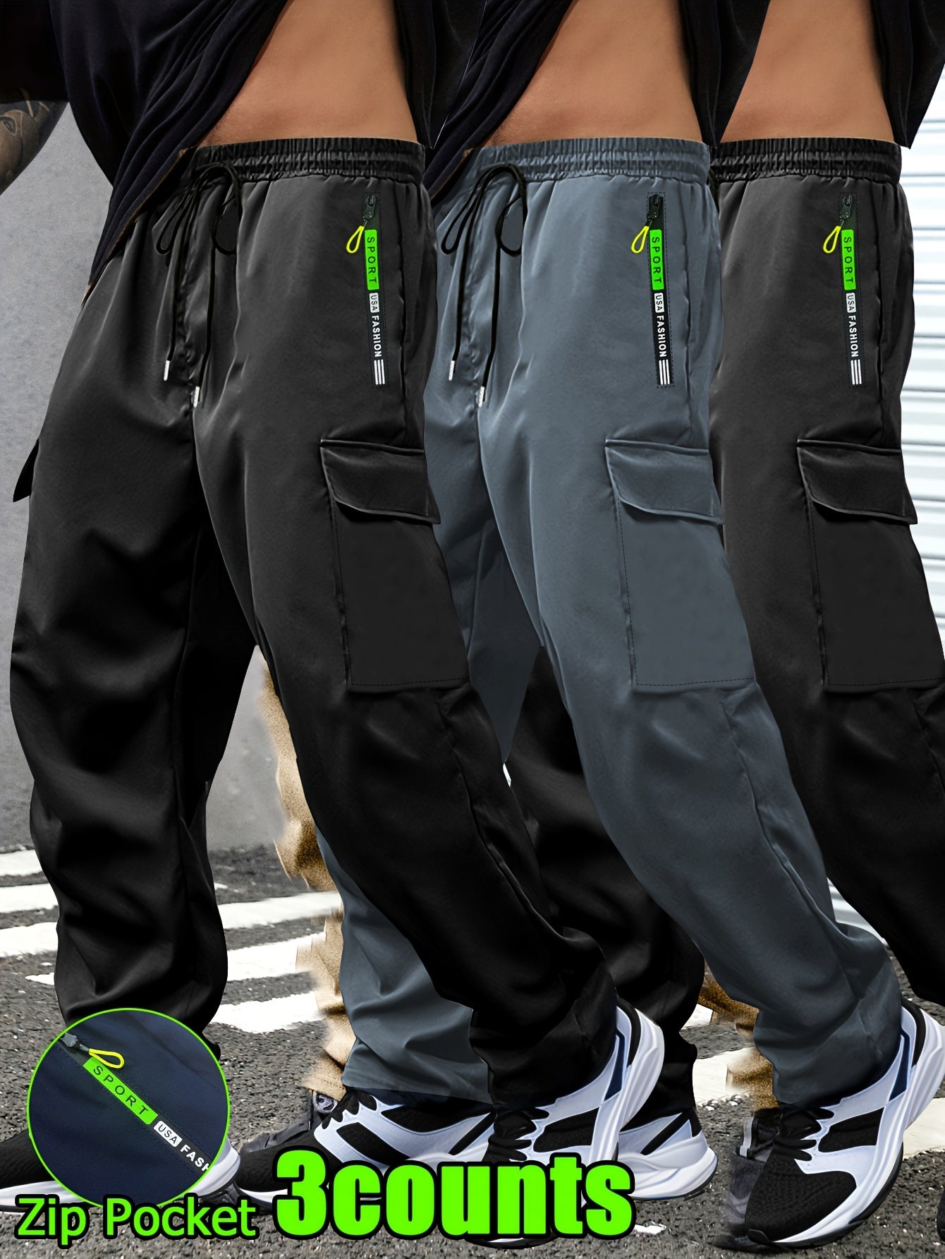 Men's Lightweight Cargo Pants with Drawstring & Elastic Waist – Multi Zipper & Side Pockets, Breathable Regular Fit for Hiking, Camping & Casual Outdoor Wear, S-XXXL