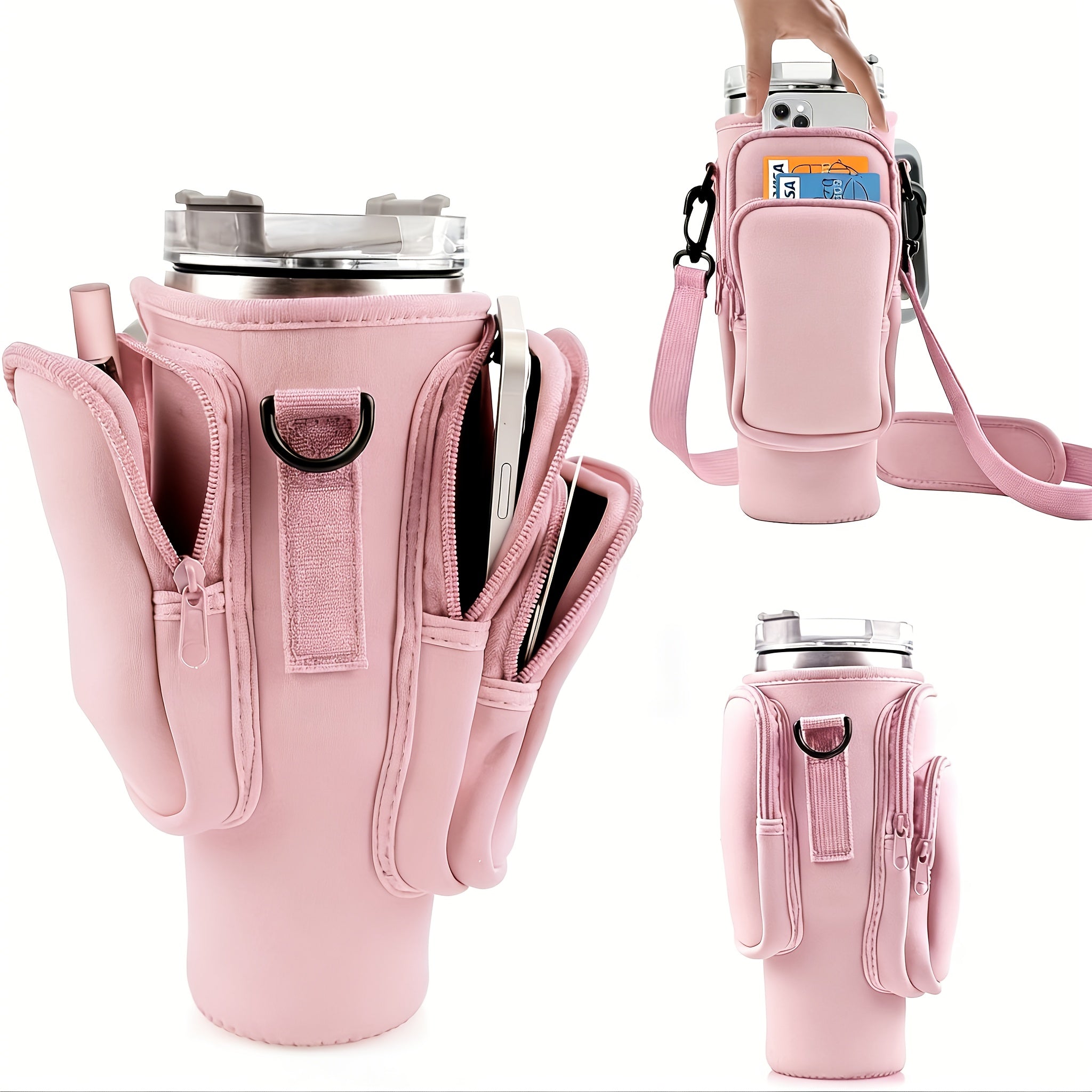 Neoprene Water Bottle Carrier Bag with Phone Pocket for 40oz 30oz Tumbler, 3-Pocket Water Bottle Holder Pouch for Hiking Gym Travel, Fits Stanley Cup Accessories, Father's Day Gift