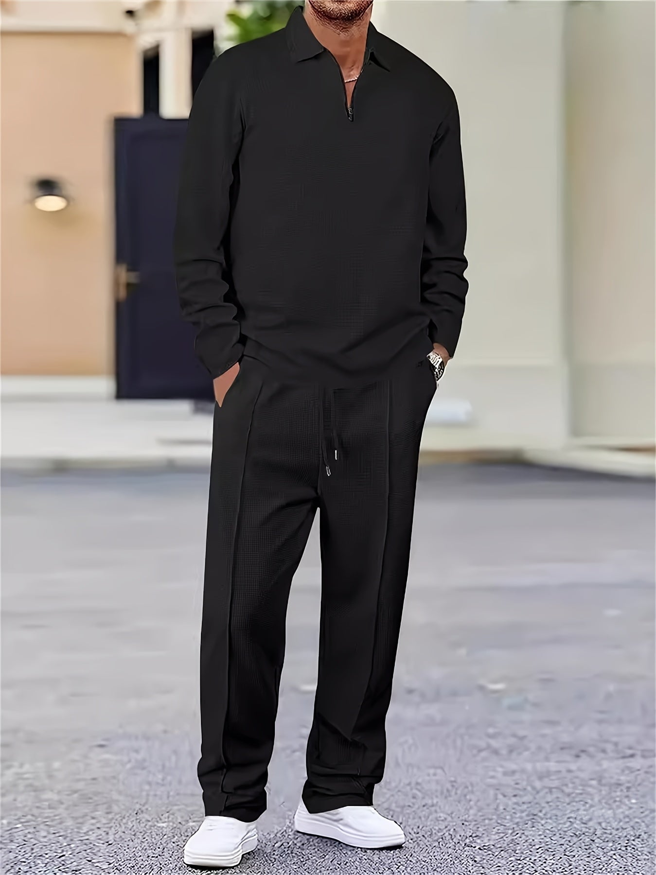 Men's Waffle Knit 2-Piece Set Long Sleeve & Jogger Pants – Breathable Matching Tracksuit for Gym, Casual & Outdoor Wear, Sizes M-XXXL, 4 Colors