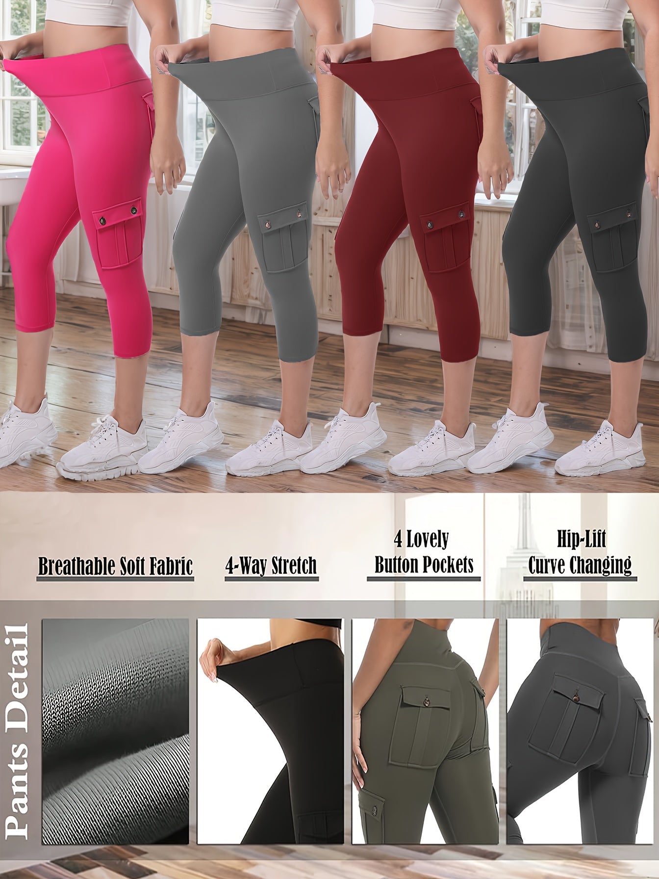Women's Yoga Capri Pants with Pockets High Waist Butt Lifting Tummy Control – 4-Way Stretch 7/8 Workout Leggings for Running Gym Hiking Pilates 75% Polyester 25% Elastane S M L XL XXL Multi-Color