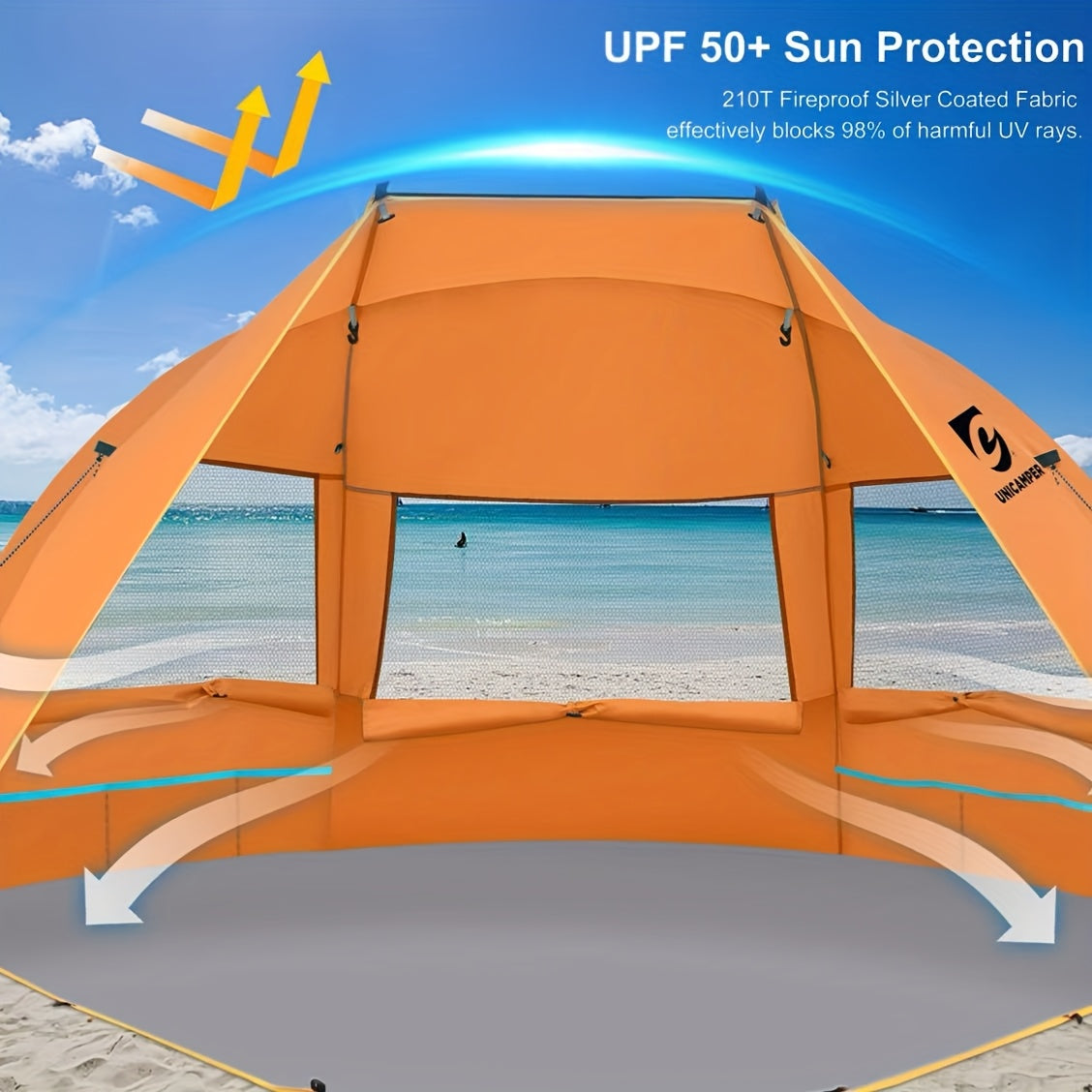 Beach Tent 3 Person UPF 50+ Sun Shelter with Waterproof PE Floor & Mesh Windows – Portable Pop Up Shade Canopy for Camping Fishing Yard