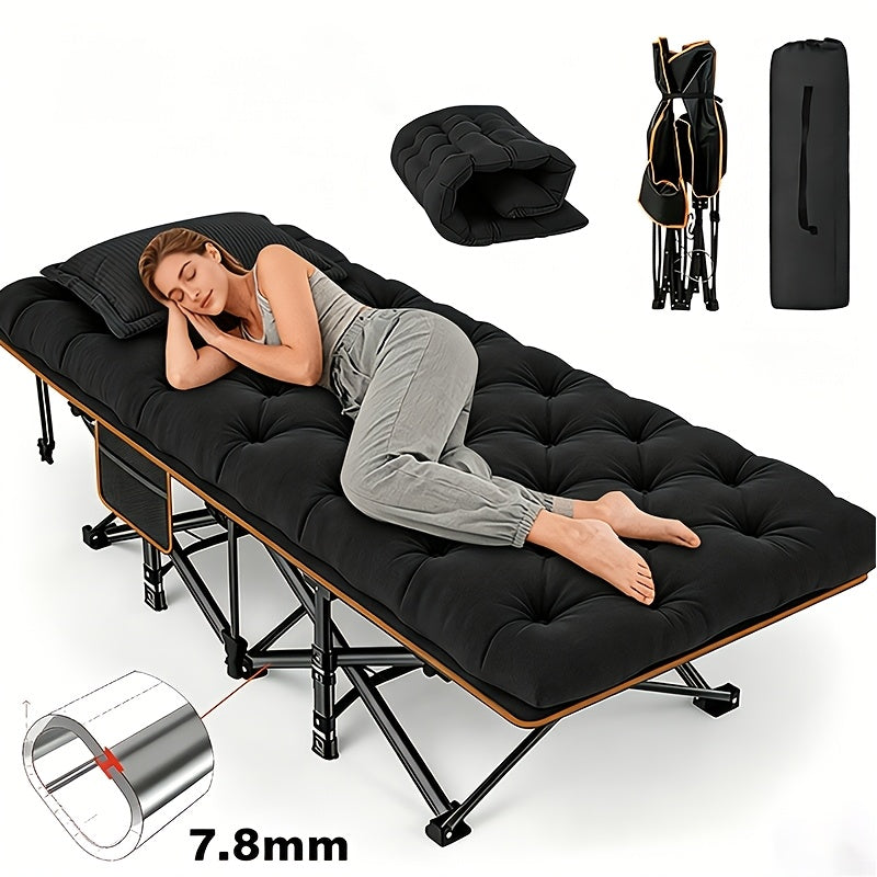 Portable Folding Camping Bed with Side Pockets - 60/75 Inch Heavy-Duty Cot 666/866 lb Capacity - Easy-Store Guest Bed for Camping Patio Office Guest Room - Folding Cot with Optional Mattress