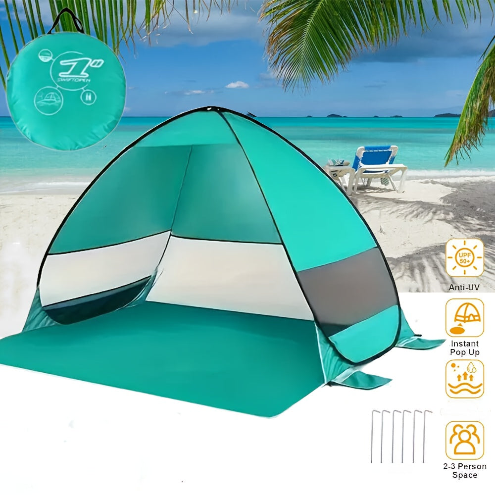 Pop-Up Beach Tent Sun Shade Shelter for 2-3 Person - Anti-UV Portable Camping Canopy with Carry Bag, Fast Setup, Fiberglass Frame, Beige, Blue and Green