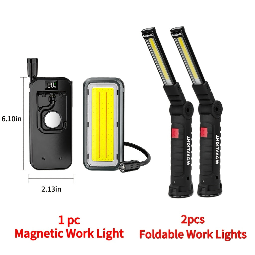 COB LED Rechargeable Work Light with Magnetic Base Multi-Pack - Portable Hanging Flashlight for Camping Garage Yard Emergency - Solar Front Mini Work Light Combo Sets