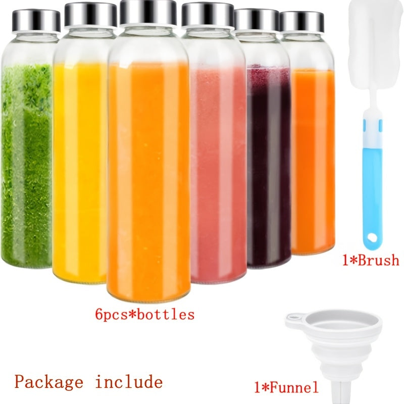 Glass Water Bottles 6 Pack 18oz with Stainless Steel Lids, Reusable Leak Proof Juice Bottles for Refrigerator Smoothies Beverages, BPA Free Glass Juicing Bottles with Cleaning Brush & Funnel