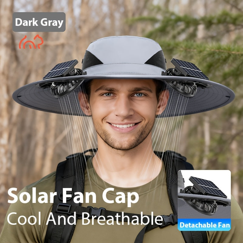 Solar Powered Dual Fan Sun Hat USB Rechargeable - Adjustable Cooling Breathable Outdoor Hat for Hiking Camping Fishing Gardening, Black Dark Gray Khaki Camo