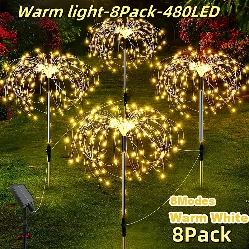 Solar Firework Lights Outdoor 8-Pack – 480 LED, IP65 Waterproof, 8 Lighting Modes, Solar Powered Stake Lights for Garden, Lawn, Pathway & Patio | Christmas, Halloween & Holiday Decor