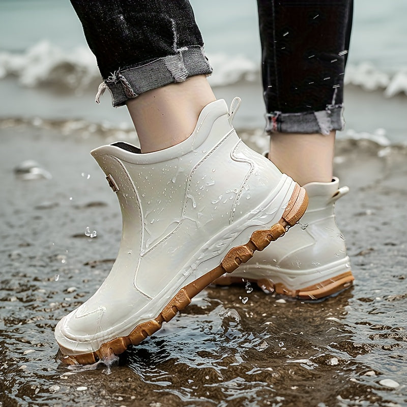 Non-Slip Rain Boots Short Ankle – Lightweight Waterproof Outdoor Boots, Cushioned Insole, Breathable Lining, Textured Sole for Car Wash, Hiking & Outdoor Activities | Unisex | Black, Beige | US 5.5–12