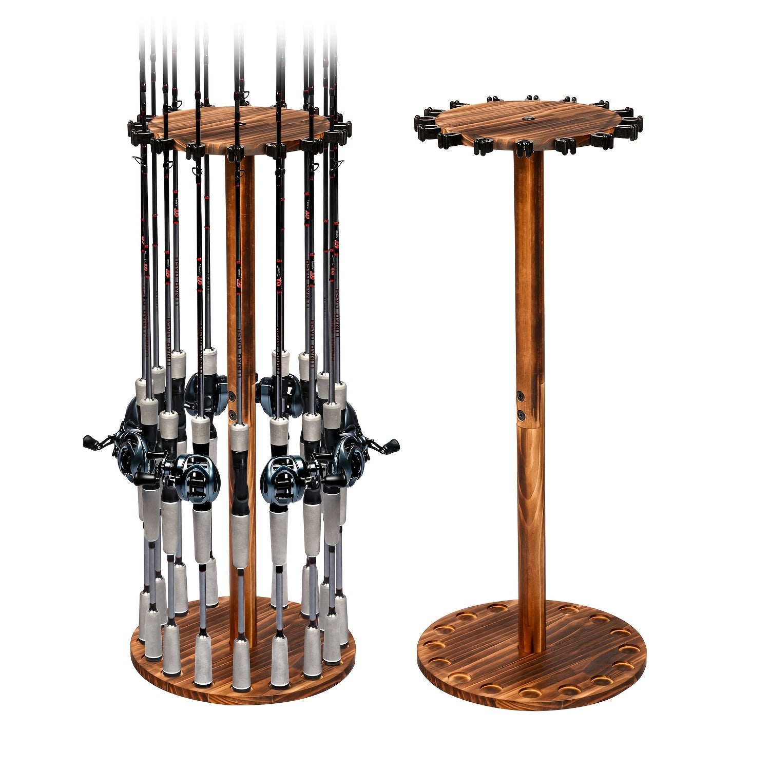360° Rotating Circular Wooden Fishing Rod Rack - Holds 16 Rods - Space-Saving Wall Mount Fishing Pole Organizer for Garage, Basement & Shed - Great Fishing Gift