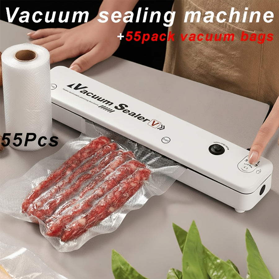 Vacuum Sealing Machine Set with 55 Bags - Automatic Food Vacuum Sealer for Food Preservation, Storage & Sous Vide Low-Temperature Cooking | Black or White