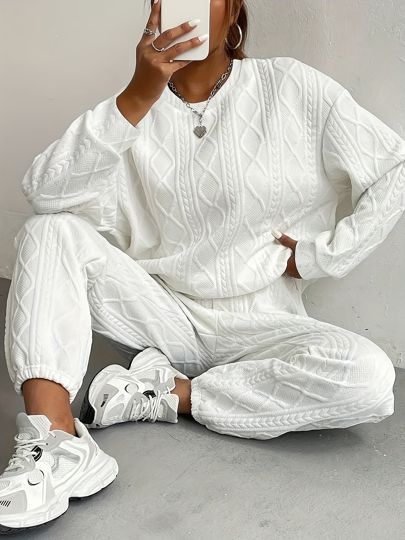 Women's 2-Piece Casual Tracksuit Set Jacquard Crewneck Long Sleeve Top and Sweatpants Breathable Soft Fabric for Lounge Workout Everyday Wear S M L XL XXL Multicolor