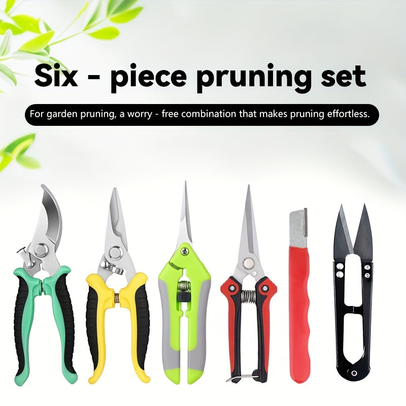 Garden Pruning Shears Set 6-Piece - Stainless Steel Bypass Pruners, Ergonomic Non-Slip Handles, Fruit Picker Branch Cutter Lawn Trimming Tree Care Kit for Men Women