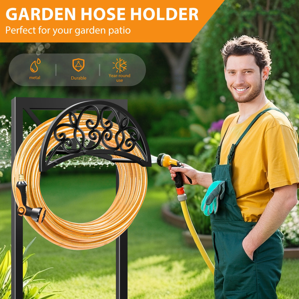 Heavy Duty Metal Garden Hose Holder Freestanding Outdoor Hose Rack Rustproof Ground Stakes for Yard Lawn Patio Garden Backyard