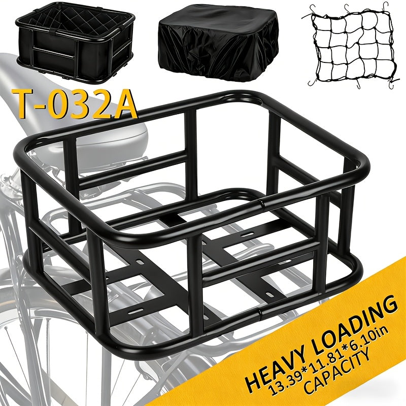 Rear Bike Basket Heavy Duty Iron Large Removable Folding, Bicycle Rear Mount Basket for Most Bikes & Ebikes, Black Frame Cargo Basket for Groceries Vegetables Pets, Commuter Cycling Accessory