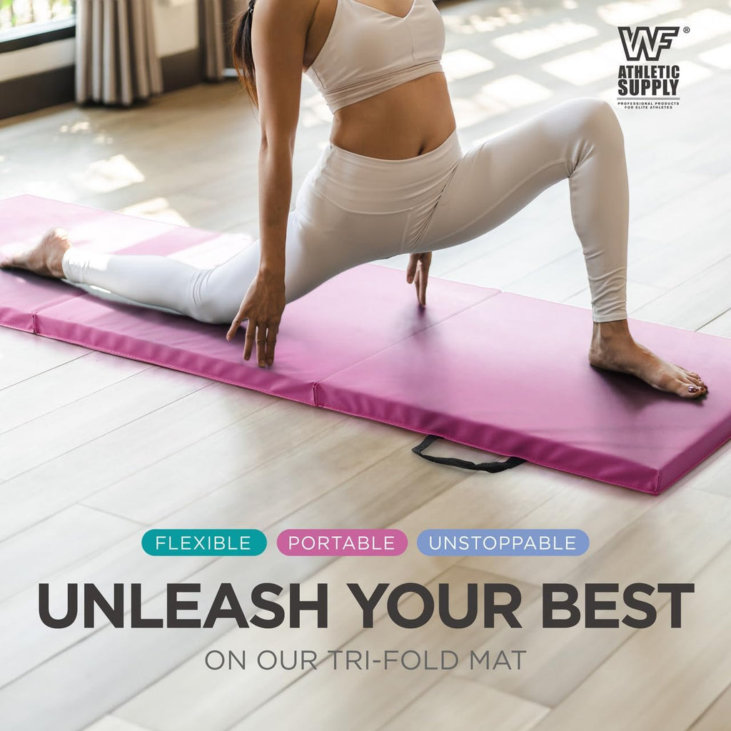 Folding Exercise Mat 1.5 Inch Thick Tri Fold Foam Gym Mat with Carrying Handles for Gymnastics Yoga MMA Martial Arts Stretching Core Workouts – Foldable Floor Mat Black Blue Pink