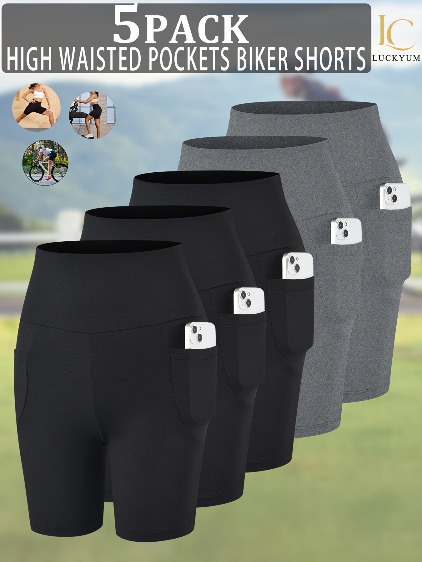 High Waisted Biker Shorts for Women 5-Pack with Pockets Tummy Control No See-Through 92% Polyester 6-Inch Inseam Workout Running Yoga Gym Athletic Shorts XS-XXL