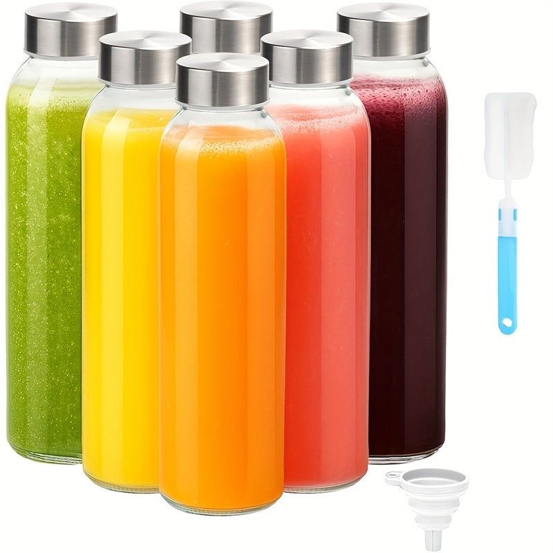 Glass Water Bottles 6 Pack 18oz with Stainless Steel Lids, Reusable Leak Proof Juice Bottles for Refrigerator Smoothies Beverages, BPA Free Glass Juicing Bottles with Cleaning Brush & Funnel