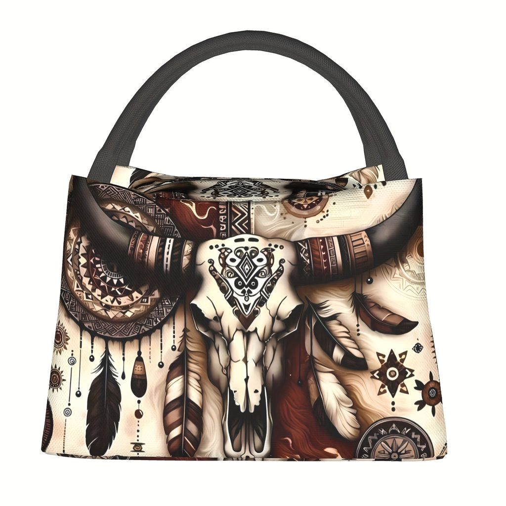 Western Cowboy Insulated Lunch Bag - Cowhide Feather Floral Cooler Tote for Women, Reusable Lunch Box for Camping Beach Office Home, Birthday Holiday Gift