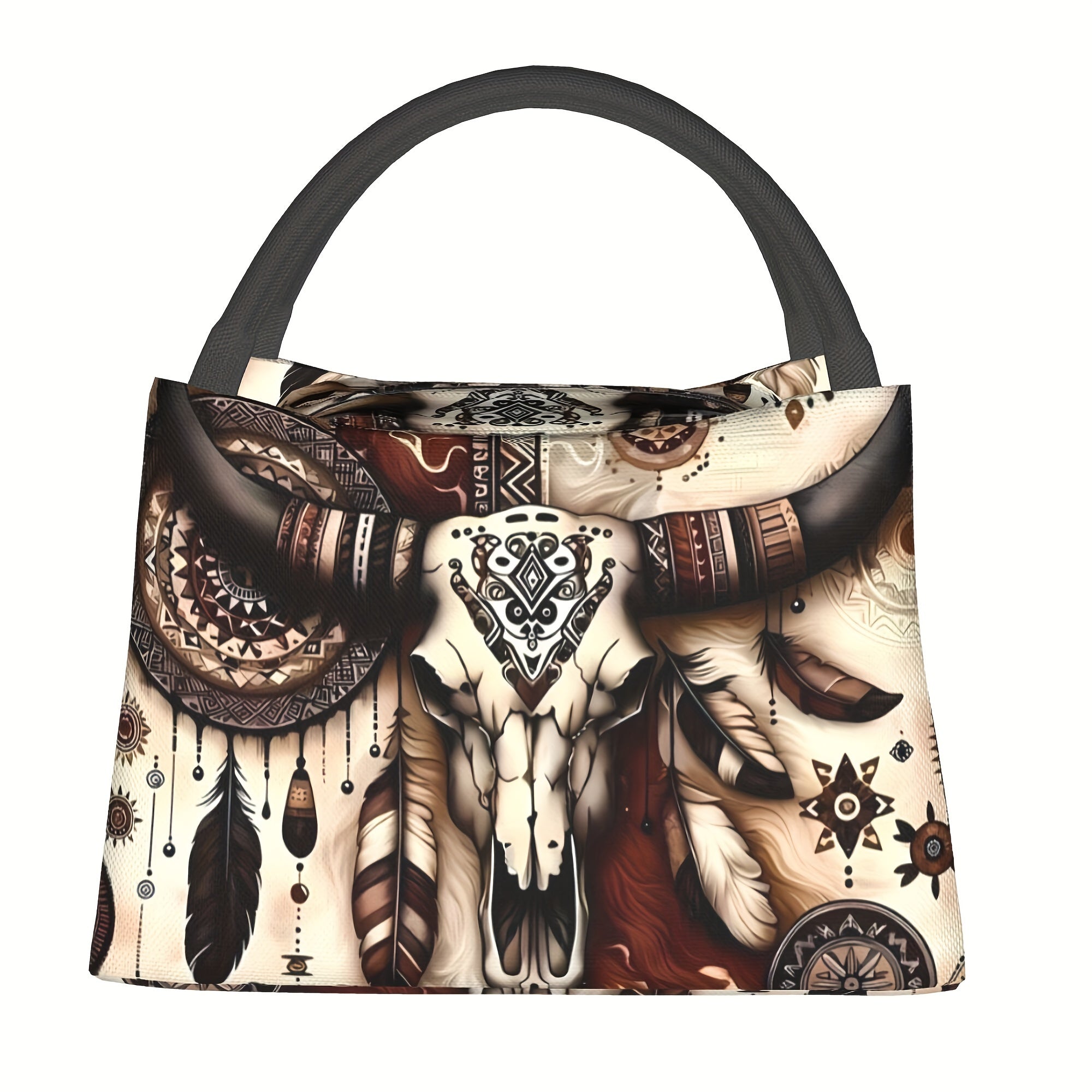 Western Cowboy Insulated Lunch Bag - Cowhide Feather Floral Cooler Tote for Women, Reusable Lunch Box for Camping Beach Office Home, Birthday Holiday Gift