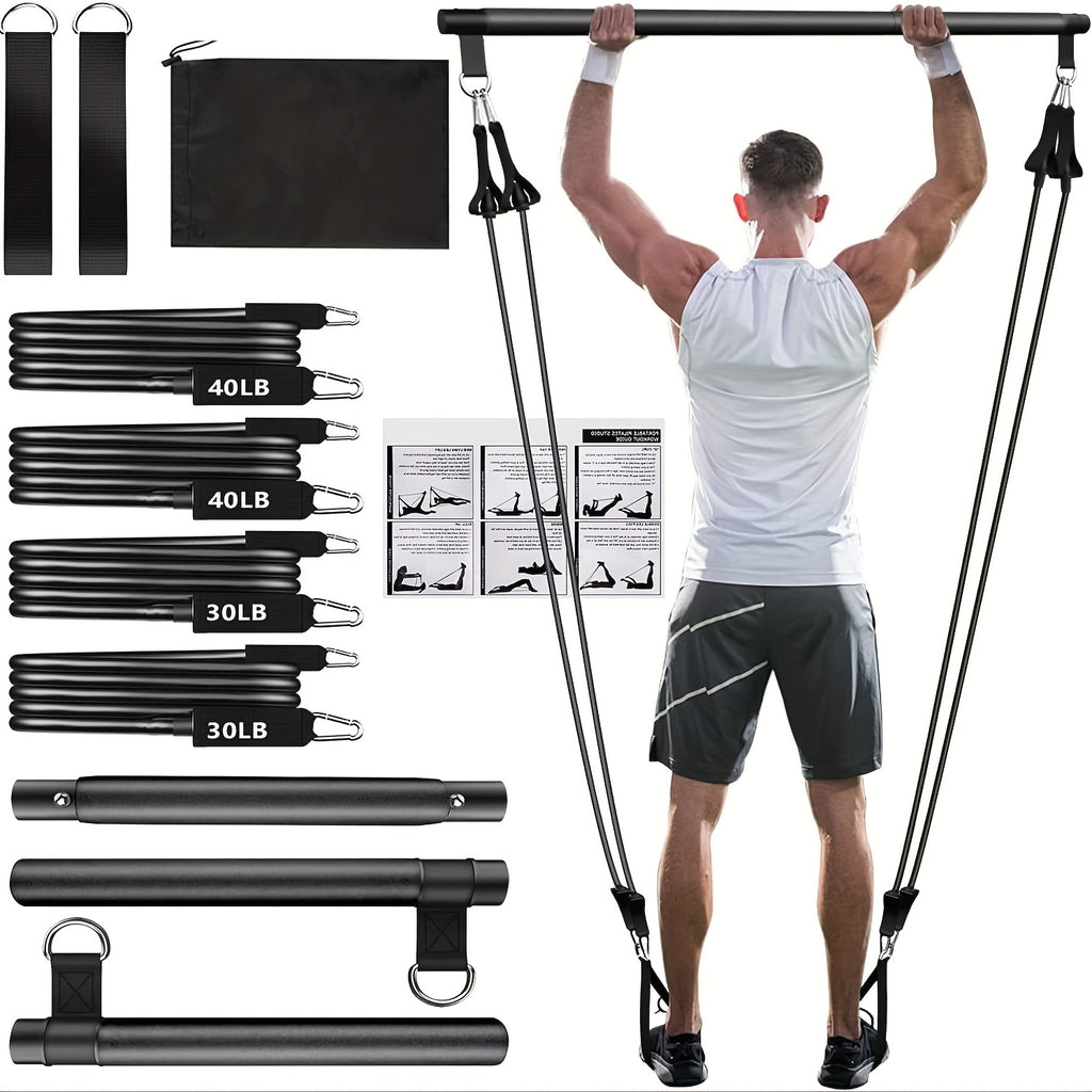 Pilates Bar Kit 8-Piece with 4 Resistance Bands 150 LBS – Portable Home Gym Fitness Set with Ankle Straps & Drawstring Backpack for Men & Women, Full Body Workout Equipment