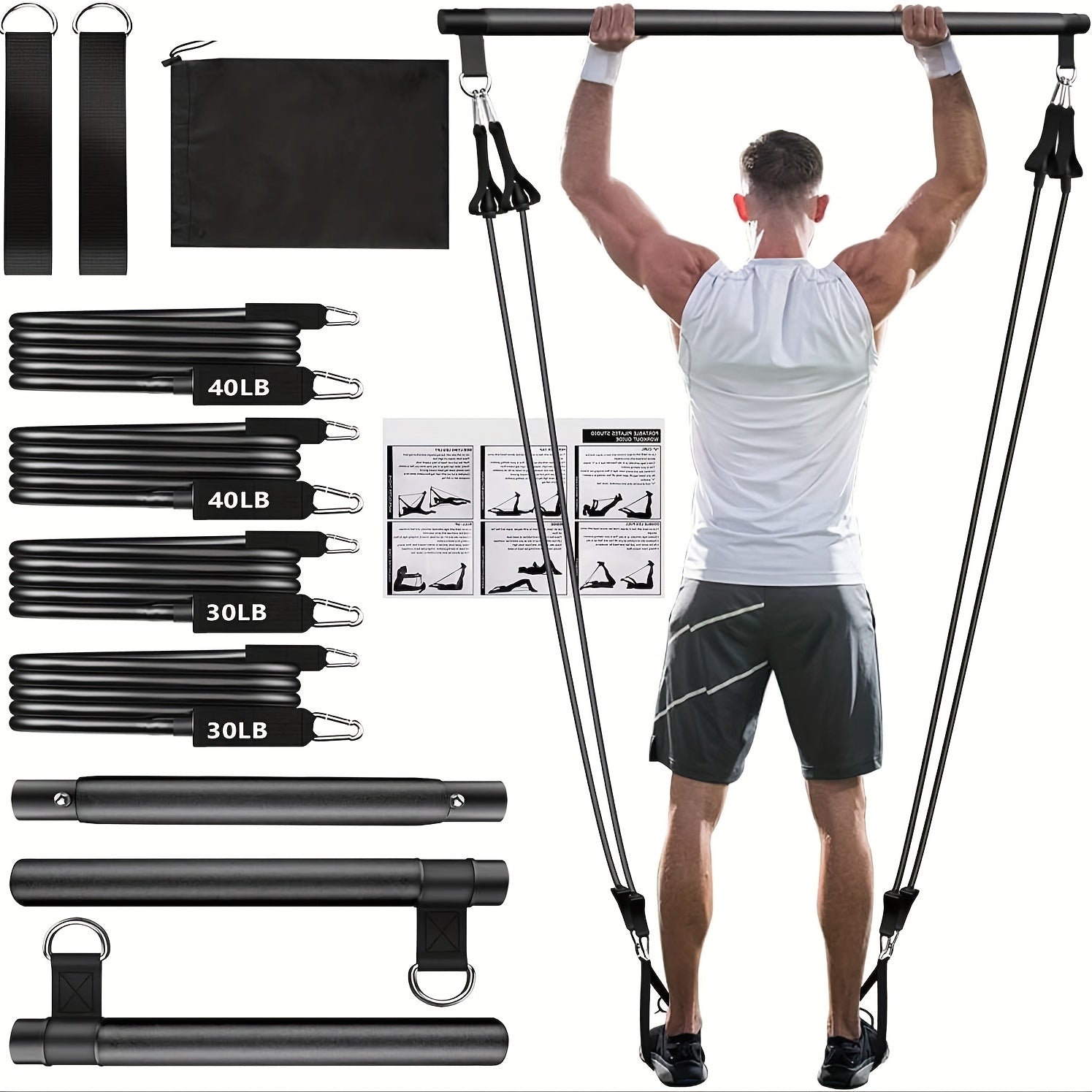 Pilates Bar Kit 8-Piece with 4 Resistance Bands 150 LBS – Portable Home Gym Fitness Set with Ankle Straps & Drawstring Backpack for Men & Women, Full Body Workout Equipment