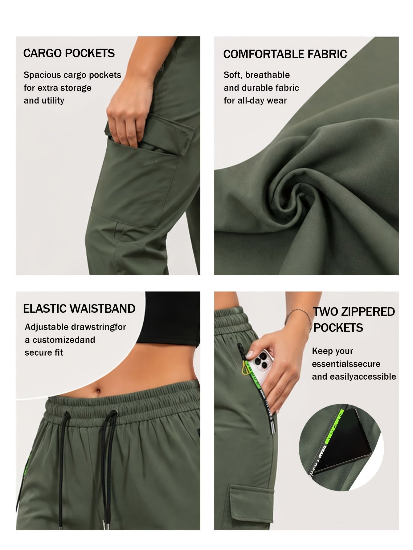 Women's Slim Cargo Pants 2-Pack Multi-Pocket Drawstring Waist Zip Pocket Straight Leg – Casual Trousers for Outdoor Sports Everyday Wear & Dates