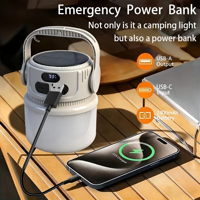 Solar Camping Lantern 6 Modes LED Rechargeable with USB Power Bank, Portable Outdoor Camp Light with Hook SOS Strobe Type-C Charge for Tent Hiking Mountaineering Emergency Preparedness