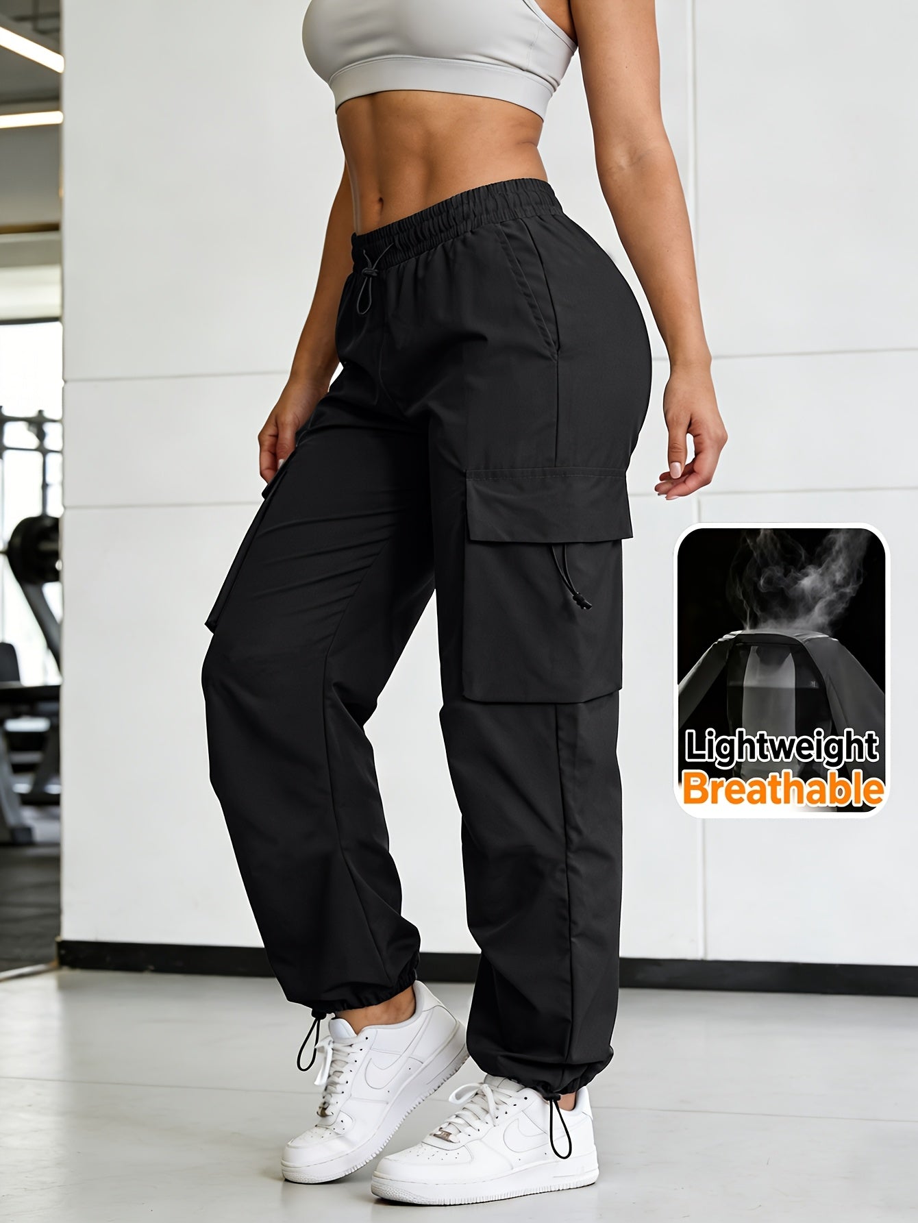 Women's Wide Leg Cargo Pants Elastic Waist Drawstring Multiple Pockets Loose Comfy Casual Trousers for Street Style Hiking Jogging Daily Wear All Season Beige Black Dark Gray Khaki XS-XXL