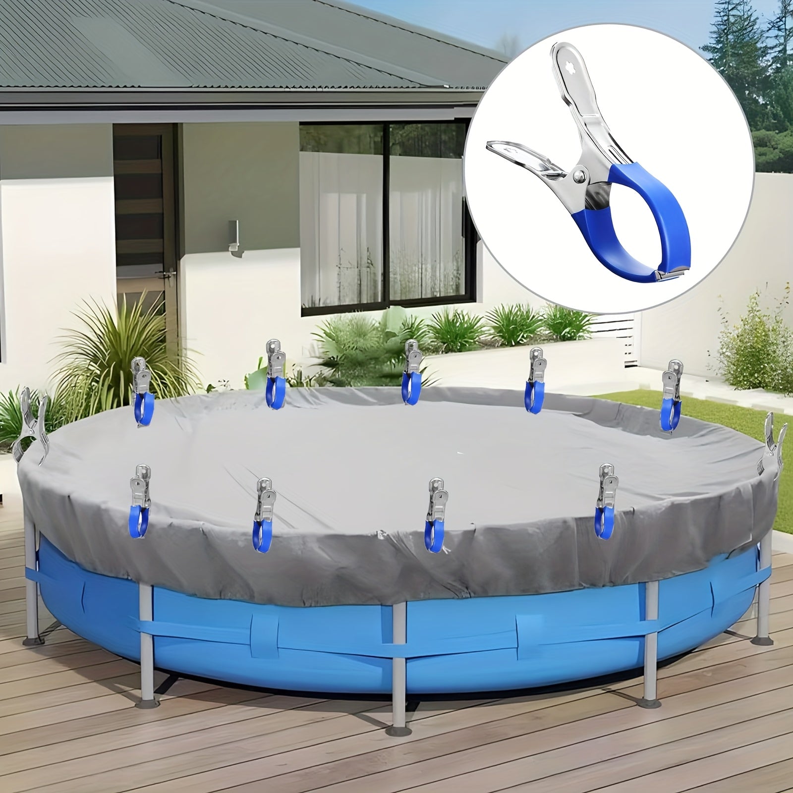 Pool Cover Clips 12-Pack Heavy-Duty Stainless Steel Spring-Loaded Windproof Clips with Ergonomic Blue Handles - Rust-Resistant Secure Clamps for Above Ground Pool Covers Tarps & Outdoor Use